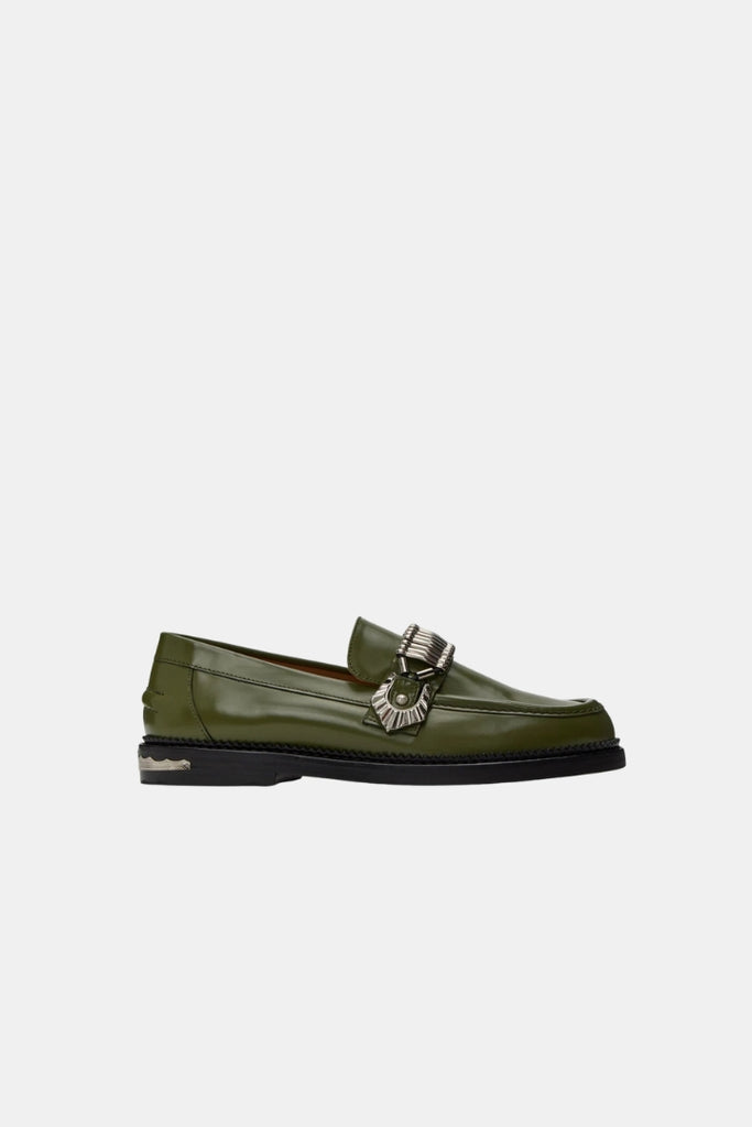 shoes-loafer-man-leather-green-metal-gold