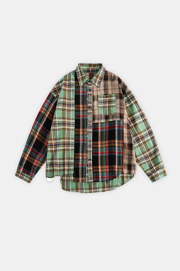 Reconstructed Shirt in check flannel with asymmetrical lines and raw cut.