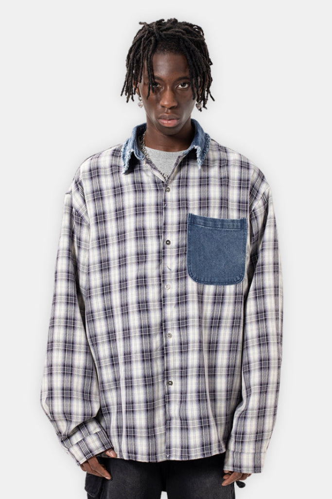Combination Patched Shirt with denim collar and pocket details and denim patch text on the back